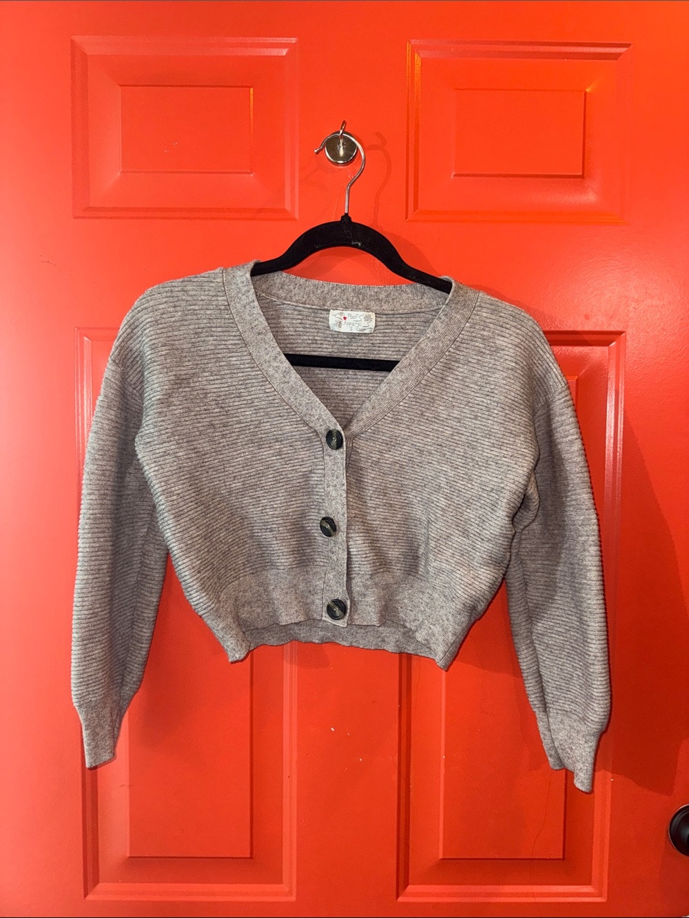 Cropped Gray Rib-Knit V-Neck Sweater Cardigan